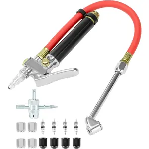 10-120 PSI Tire Inflator Gauge - Dual Head Chuck, 12-Inch Hose, Leak-Free Valve Core, Chrome-Plated Cast Steel, with 4 Way Tool and Valve Cores Tire Pressure Gauge