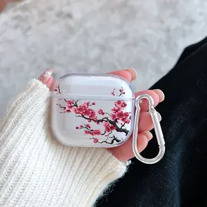 Blossoming Cherry Branch Pattern Protective Case for AirPods 4/3/2/1/Pro/Pro2 Soft TPU Earphone Cover, Transparent with Keychain