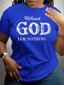 【Plus Size】 Letter Print Round Neck Tee, Fashion Casual Crew Neck Short Sleeve T-Shirt for Daily Outdoor Wear, Women Plus Clothing for All Seasons