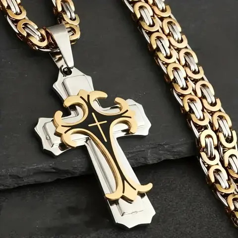 FLORIDECO Chunky Cross Necklace - Gold Bold Cross Pendant, Vintage Multi-Layered Cuban Chain & Link, Black-Golden Stainless Steel Handmade Unisex Elegant Jewelry, Faith-Inspired, Perfect Length, Gift-Ready for Anniversary, Necklaces for Women