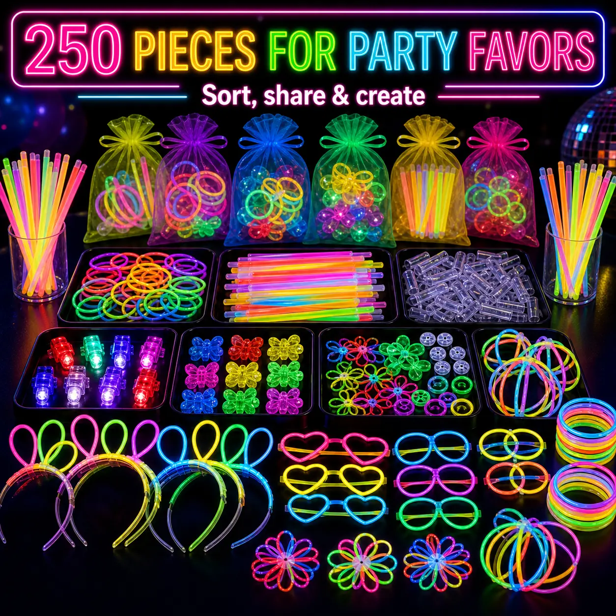 250-Piece Waterproof Glow-in-the-Dark Party Supplies Kit, Neon Favors for Kids with Glow Sticks, DIY Necklaces, Bracelets, Rings, Hair Bands, Wedding & Party Gift Accessories, Water Proof