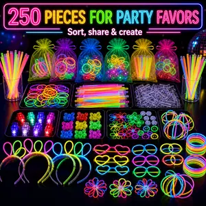 250 Pcs Glow in the Dark Party Supplies for Kids Adults Light Up Favors with Rings Glow Sticks DIY Necklaces Bracelets Hair Bands Neon Party Accessories