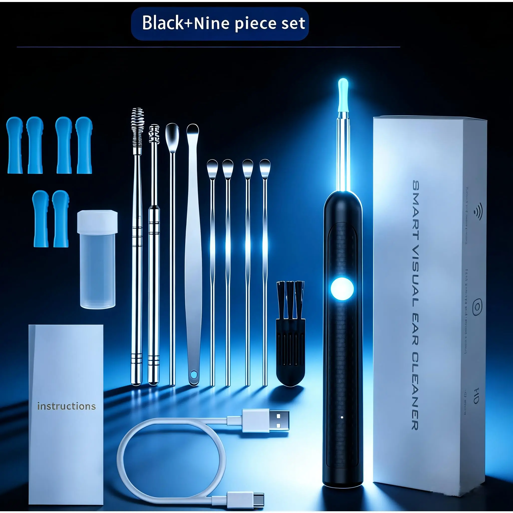 9-in-1 Smart Visual Ear Cleaning Kit with LED Light and Cleaning Brush, iOS/Android - Compatible Ear Care Tool - The Ideal Family Health Gift, Earwax Cleaning Kit earwax removal tool Rechargeable Waterproof Ear Wax Remover wide-angle cleaner