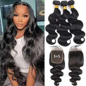 VIPbeauty 12A Body Wave 3 Bundles with 5×5 HD Lace Closure 100% Unprocessed Brazilian Virgin Body Wave Human Hair Wave Bundles with Closure Natural Color