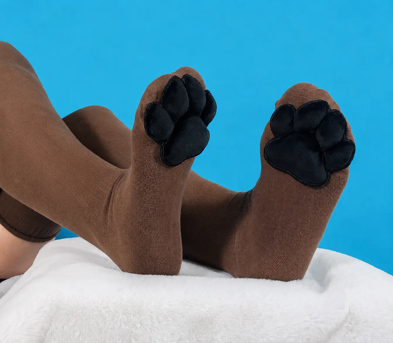 Plush Black Mochi Paw Pads on Brown Thigh High Stockings for Furry Cosplay