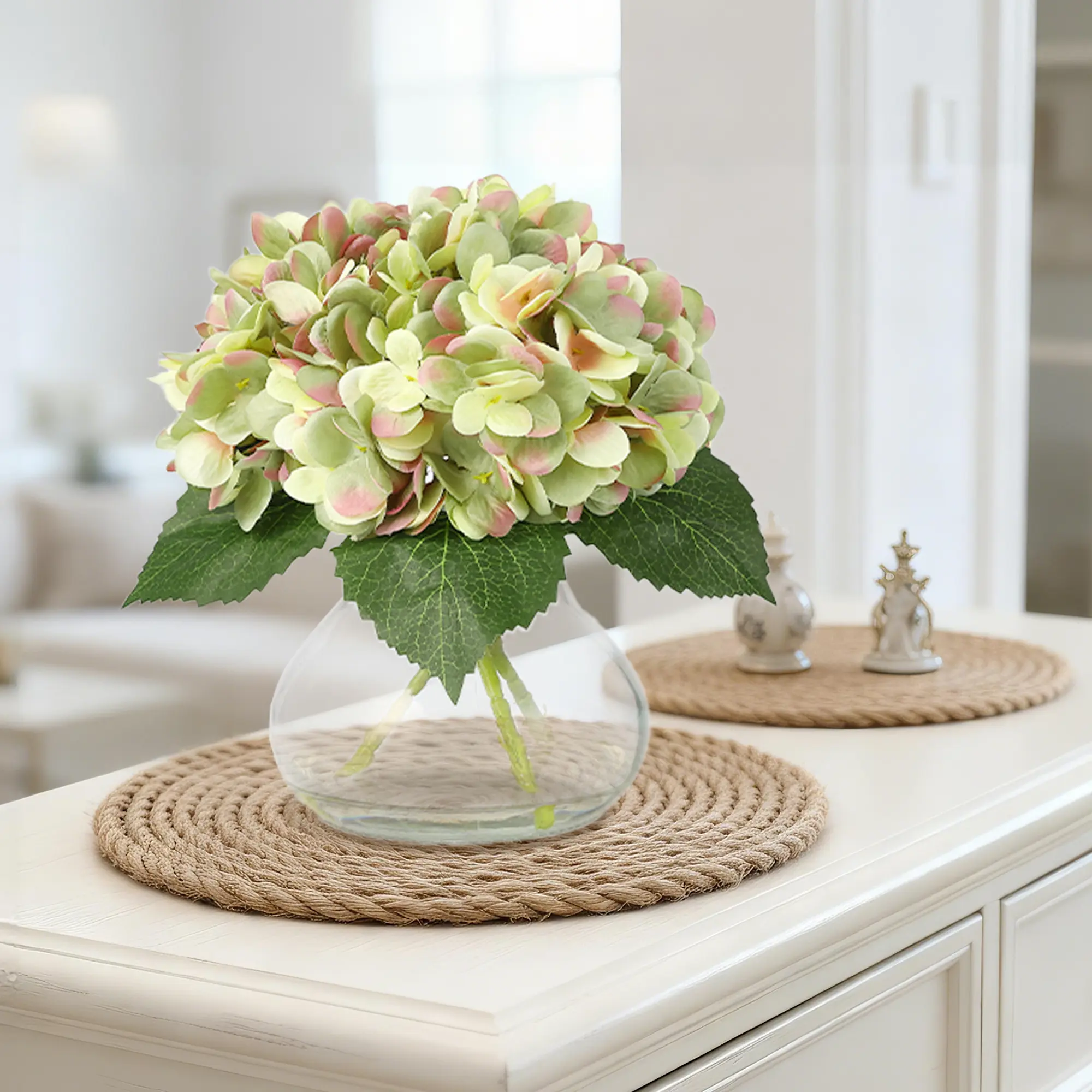 Elegant Artificial Hydrangea Flowers with Glass Vase & Faux Water - Realistic Faux Floral Arrangement Centerpiece Lily Flower for Table, Shelf, Bathroom, Home