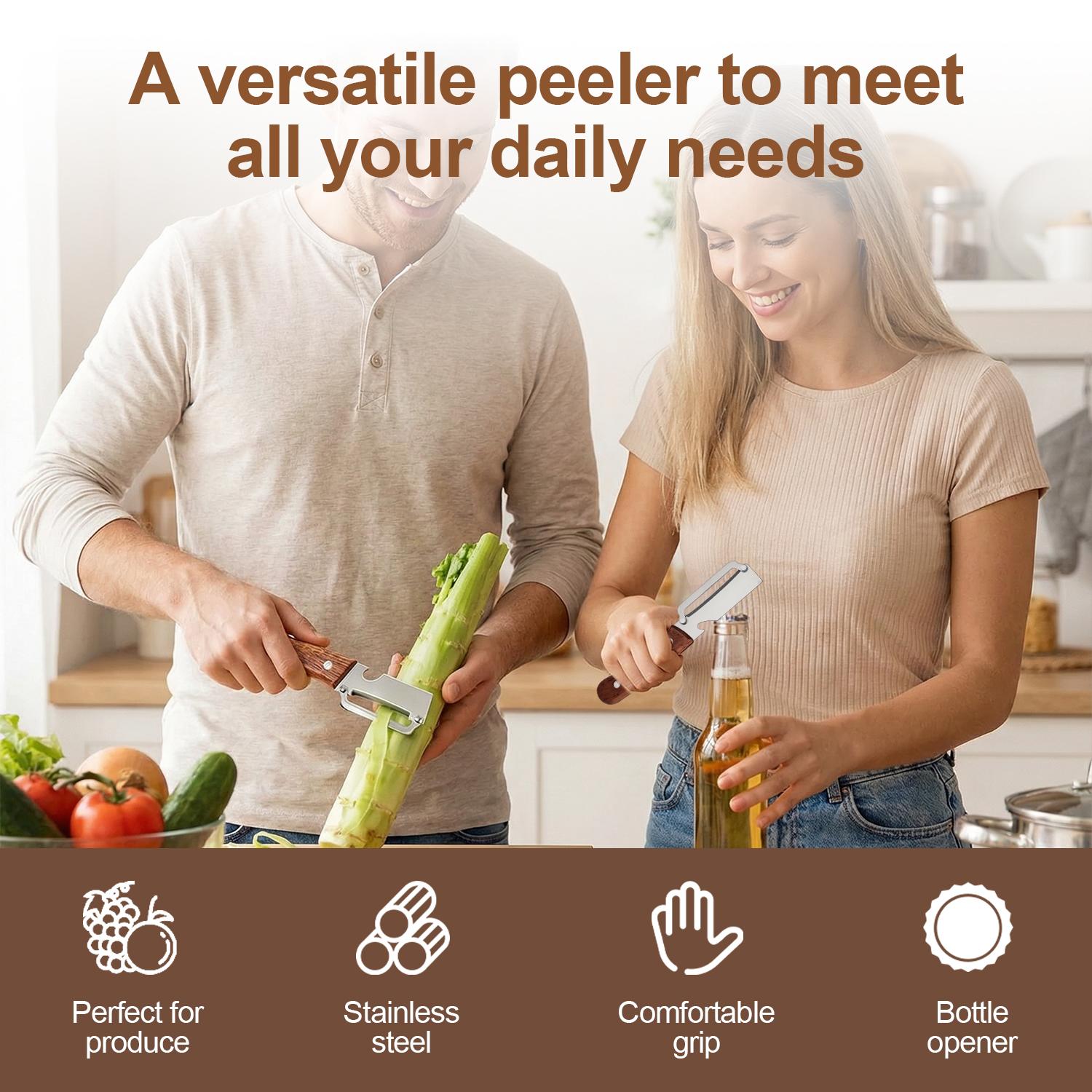 Multi Functional Premium Vegetable Peeler,Sharp Stainless Steel Blade, Ergonomic Wooden Handle + Built-in Bottle Opener,Practical Kitchen Tool for Vegetable Apple Potato Sugar Cane Multi Functional Premium Vegetable Peeler,Sharp Stainless Steel Blade, Ergonomic Wooden Handle + Built-in Bottle Opener,Practical Kitchen Tool for Vegetable Apple Potato Sugar Cane