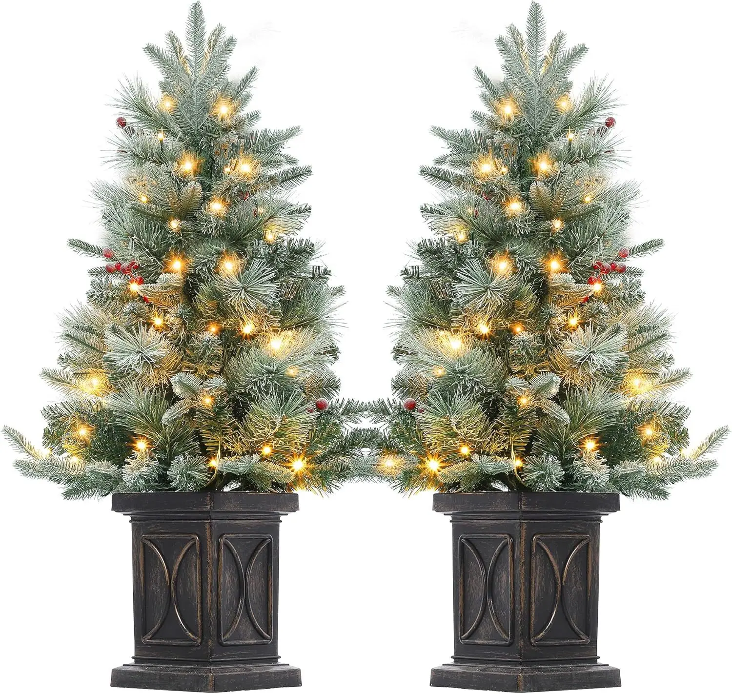 3 Ft Pre-Lit Christmas Tree, Christmas Tree with 78 Battery-Powered Led Lights, Artificial Christmas Tree with Potted Base-2pcs. Berry Faux Decoration Ornaments