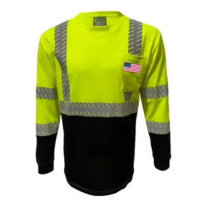 Custom USA Flag Front Pocket - Safety Reflective High Visibility Long Sleeve T Shirt for Men Construction Work Shirts ANSI Class 3 - HiVis - ST915FLAG
