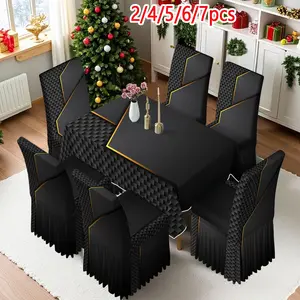 2/4/6/5/7 pieces of fashionable and high-end chair cover and tablecloth sets, thickened chair cover and tablecloth sets (1 tablecloth + 4 chair covers or 1 tablecloth + 6 chair covers), easy to care for, reusable, for home decoration