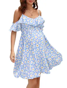 YESFASHION Maternity Nursing Dress Womens V-Neck Spaghetti Strap Ruffle Sleeve Daisy Printed A-Line Tiered Flowy Swing Dress Blue XL
