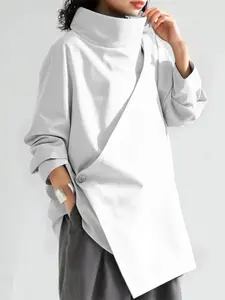 Women's Solid Wrap Zipper Back Shirt Blouses, Casual Stand Collar Long Sleeve Fitted Top for Spring & Fall, Ladies Clothes for Daily Wear