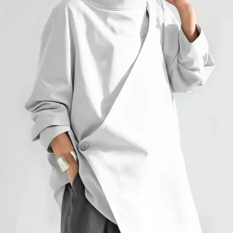 Women's Solid Wrap Zipper Back Shirt Blouses Womenswear, Casual Minimalist Stand Collar Long Sleeve Fitted Top for Spring & Fall, Ladies Clothes for Daily Wear Blouse Shirts Casual Collared Top