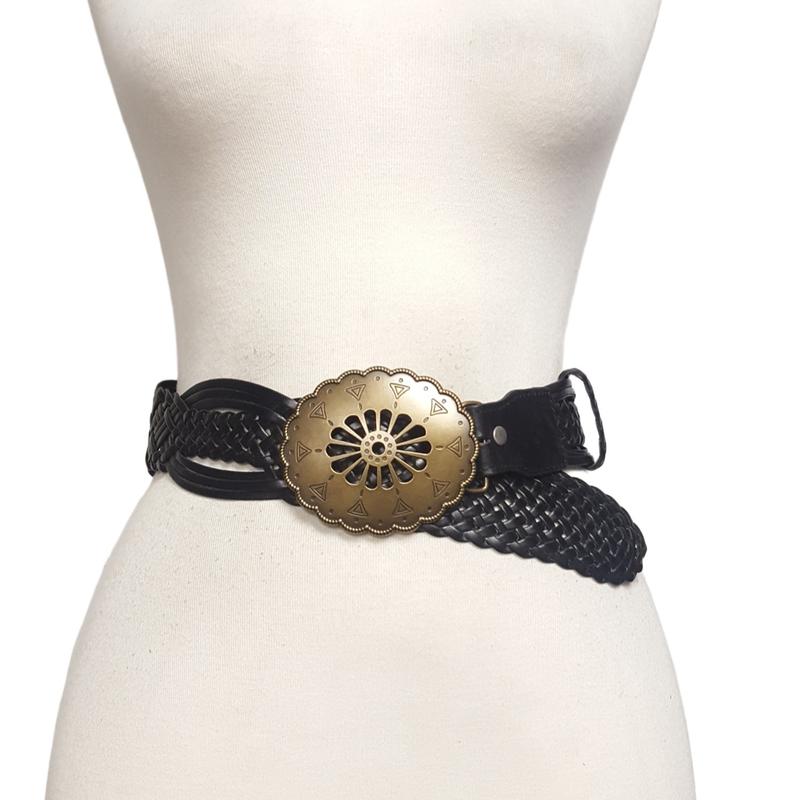 Hand Braided Leather Belt with Navajo-Style Floral Buckle