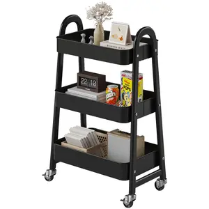 3 Tier Rolling Office Utility Cart, Multi-Purpose Metal Storage Cart with Lockable Wheels, Mobile Organizer Cart for Office Workspace & Narrow Spaces