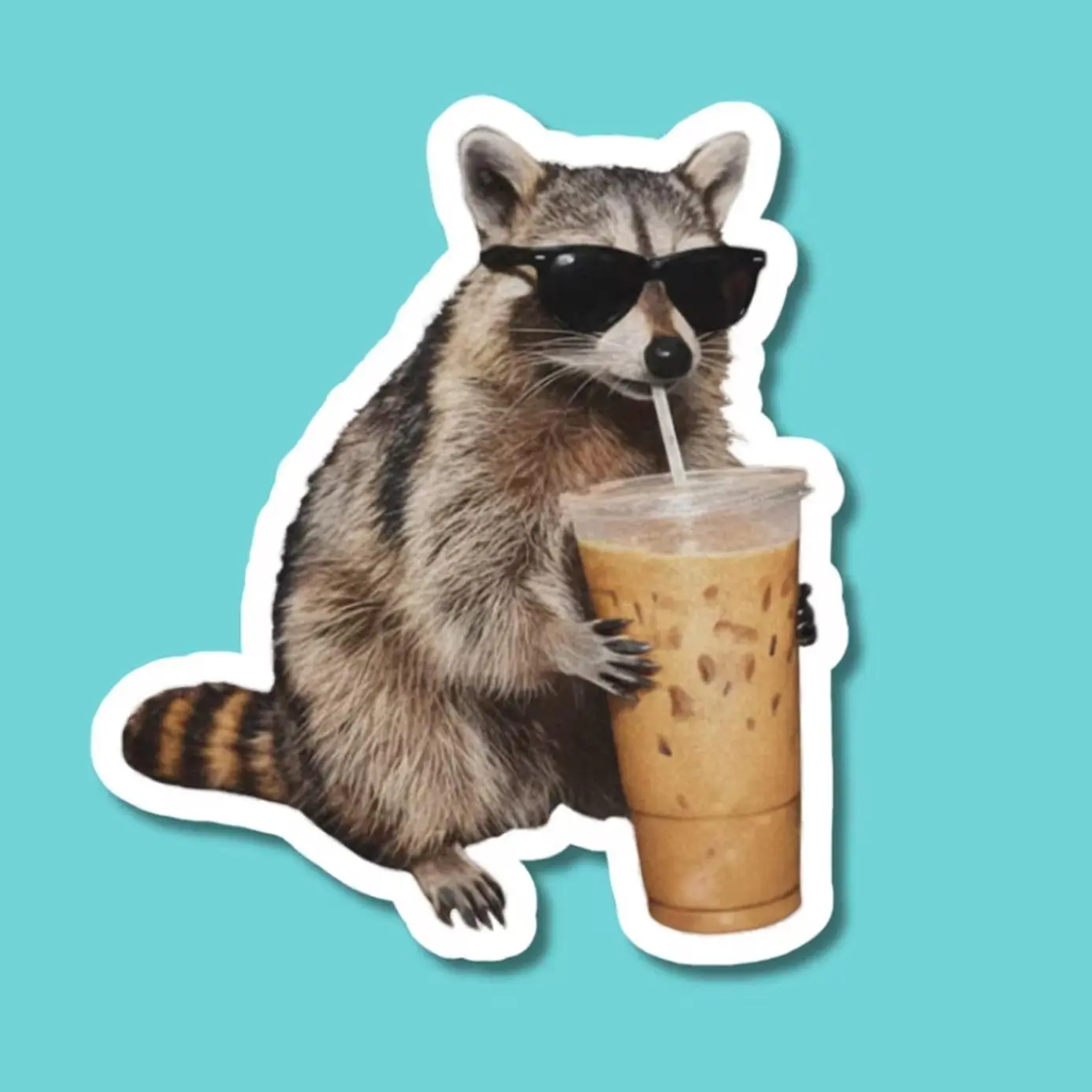 Raccoon Drinking Iced Coffee Sticker, Funny Animal Meme Decal For Laptop, Water Bottle, Kindle, trendy stickers, iced coffee sticker