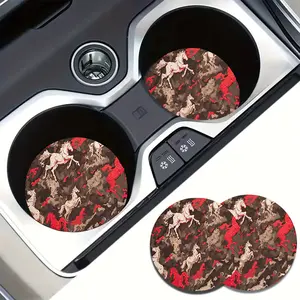 2pcs Red and White Galloping Horse Pattern Car Cup Holder Coasters, 2.75-Inch Round Faux PU Waterproof Pads for Car Interior, Keeps Cup Holders Clean and Dry, Car Interior Cup Holder Decor, Vehicle Cup Coaster, Decorative Car Accessory, Easy