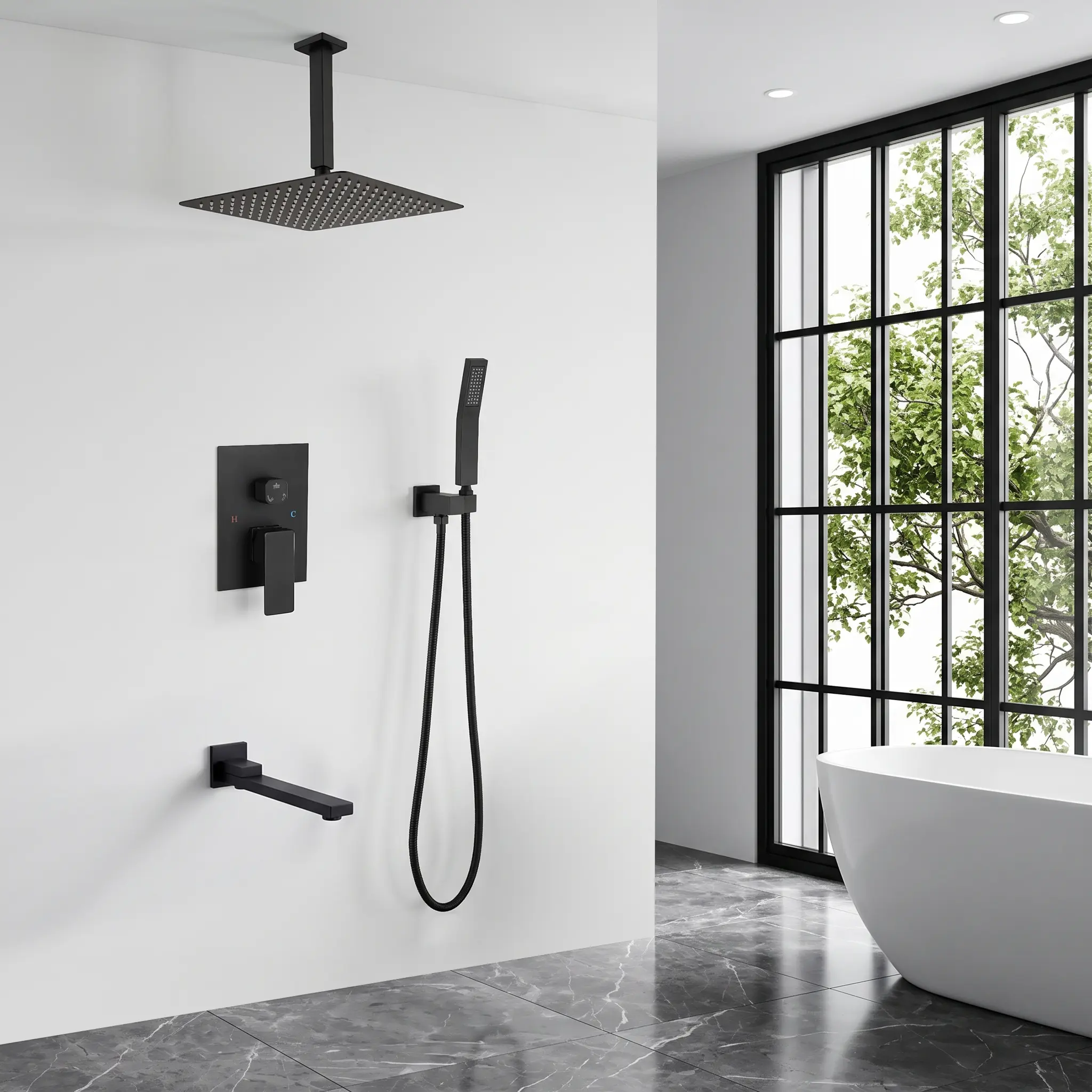 12" Square Rainfall Shower Head Combo Set – 3-Function with Handheld Spray & Tub Spout, SUS304 Stainless Steel & Brass Valve, Rust-Proof, Ceiling Mount, NPT 1/2" US Standard, Includes 59" Hose & Full Hardware Kit