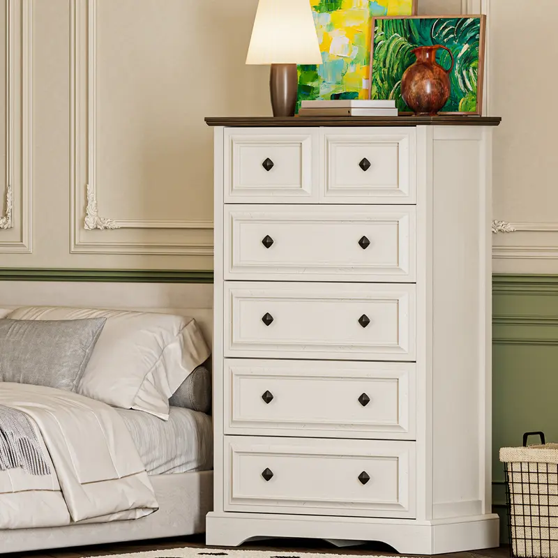 white tall dresser Walsunny 5 Drawers Dresser for Bedroom, Wood Farmhouse Drawer Chest, Tall  Dresser Storage, Dressers Organizer for Nursery, Hallway, White/Black main image 0