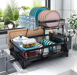 2-Tier Large Dish Drying Rack, Rustproof Kitchen Counter Dish Drainer with Drainboard, Removable Utensil & Cup Holder, Black, 17.3"×12.2"×13"