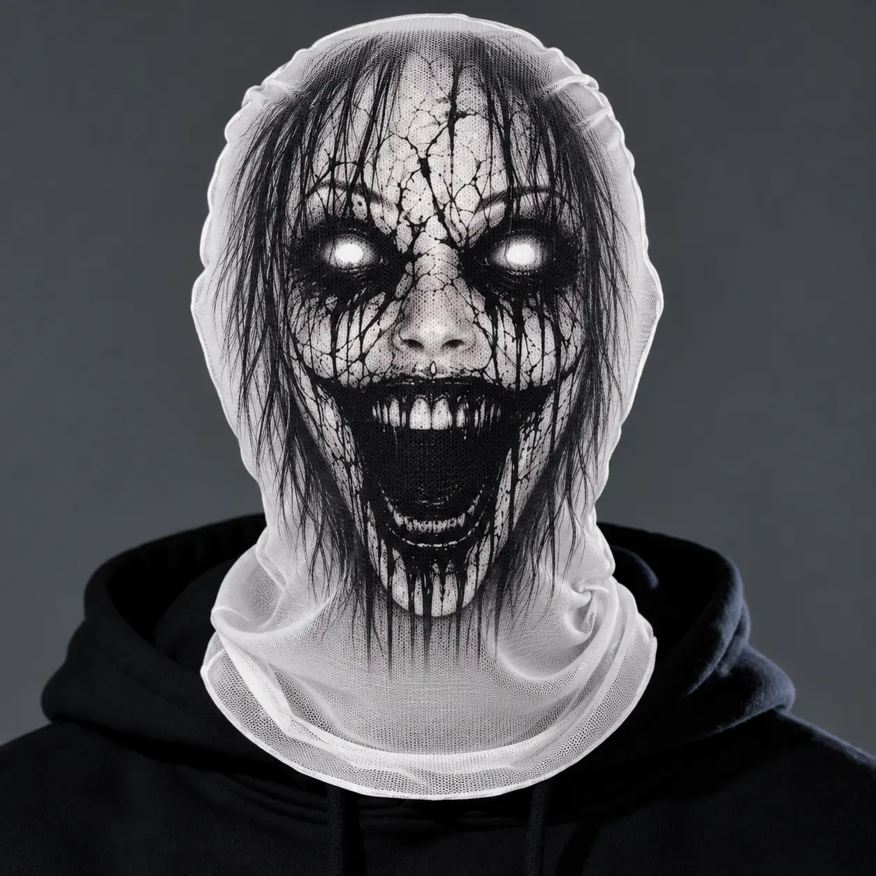 Flat Printed Creepy Ghost Balaclava, Full Face Stretch Mesh Mask, Horror Prank Head Cover, Halloween Cosplay Party Costume Prop