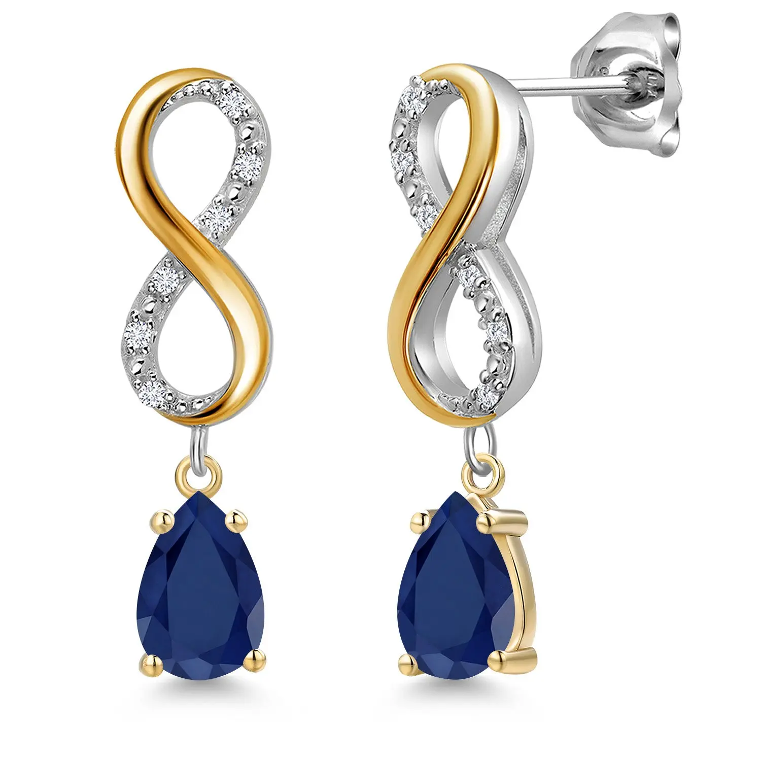 925 Silver and 10K Yellow Gold Blue Sapphire and Lab Grown Diamond Dangle Earrings for Women | 1.84 Cttw | Gemstone September Birthstone | Pear Shape 7X5MM