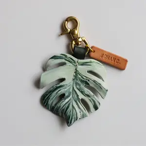 Monstera Deliciosa var Borsigiana 'Albo' Variegated Leather Bag Charm, Swiss Cheese Plant Key Chain, Bag Accessories with Shiny Brass Clasp