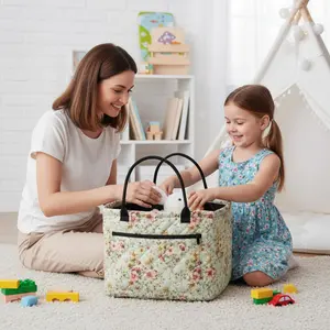 Floral Storage Basket for Bathroom Car, Foldable Toy Organizer Basket for Kids Girls Mom Car, Washable Bin Laundry Hamper for Cloth, Large Capacity Quilted Storage Basket with Pocket Handle