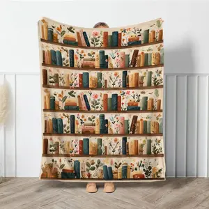 Vintage Bookshelf Library Throw Blanket, Cottagecore Book Wildlowers Blanket Books Lover Gifts, super soft flannel blanket- suitable for use on sofas, beds, or for travel