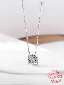 S925 Sterling Silver Fashion Square Shaped Artificial Zircon Decor Pendant Necklace for Women & Girls, Fashion Jewelry for Party, Daily Decor, Trendy All-match & Exquisite Jewelry for Birthday Gift