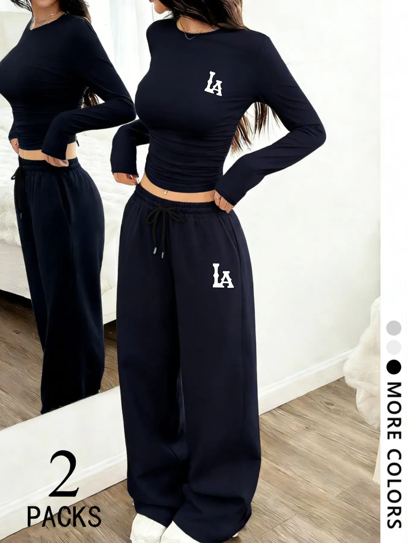Women's Casual Two-Piece Set, Small Round Neck Long Sleeve Top, Straight Leg Adjustable Drawstring Pants, Comfortable Fabric, Loose Fit, Perfect for Daily Wear, Travel, Shopping, Sleep, Womenswear, Lady, Clothes
