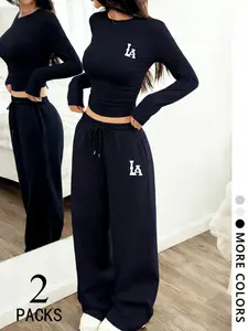 Women's Two-Piece Set, Small Round Neck Long Sleeve Top, Straight Leg Adjustable Drawstring Pants, Comfortable Fabric, Fit, Perfect for Daily Wear, Travel, Shopping, Sleep, Womenswear, Lady, Clothes