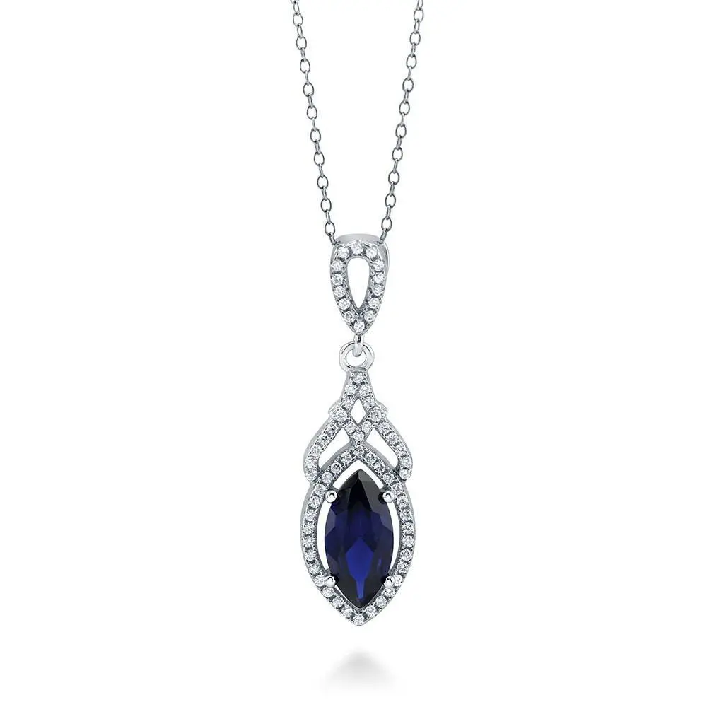 BERRICLE Sterling Silver Halo Art Deco Pendant Necklace for Women, Sapphire-Blue Marquise Cut Cubic Zirconia CZ 18 inch