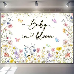 1PC,2D Flat Baby in Bloom Floral Butterfly Backdrop, Birthday Party & Baby Baptism Decoration Background, Photo Shooting Prop, Fresh Watercolor Wildflower & Bee Pattern Backdrop for Event Decor
