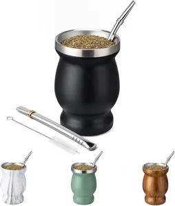 8oz Yerba Mate Cup, 304 Stainless Steel Double-Wall Mate Cup, Heat Insulation Yerba Mate Gourd,  Cup Set Includes Cleaning Brush & 2 Bombillas (Black)