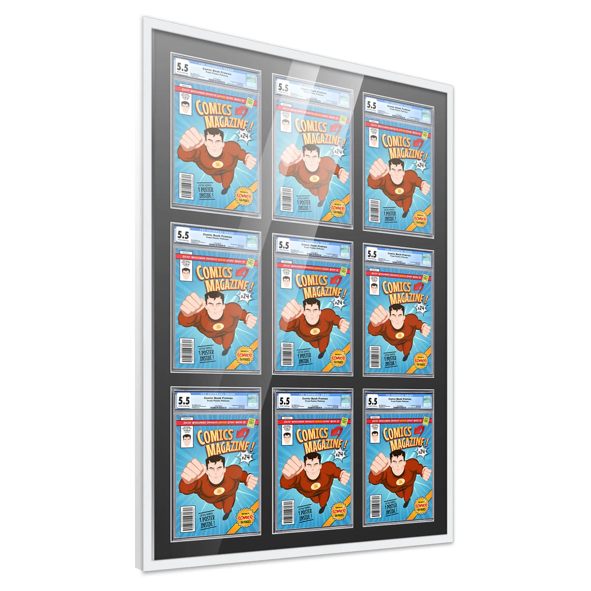 Comic Book Frame with Mat for 9 Graded Comics - White Wood Comic Frame With Black Mat for 8.125x13 Comics - 30x44.5 Frame Size