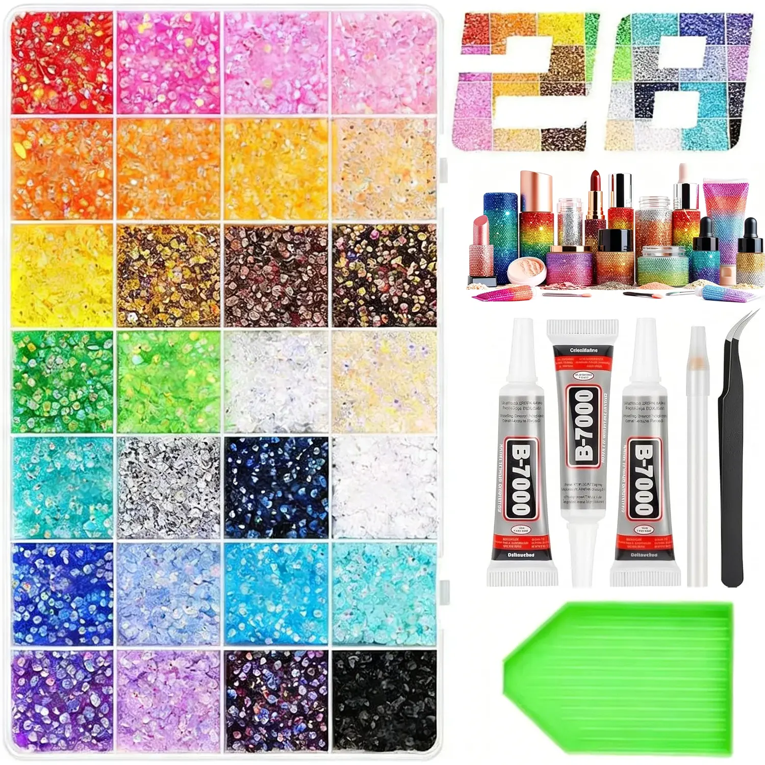 28 Colors Rhinestone Bedazzling Kit with B7000 Glue for Nails, Makeup, Shoes, Tumblers & DIY Crafts
