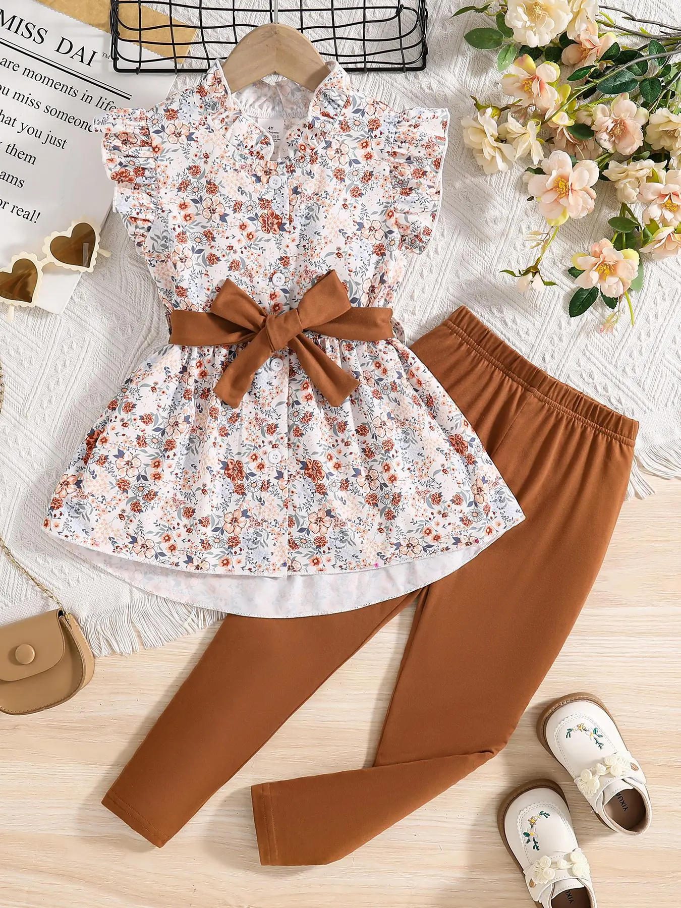 Girl's Floral Print Top & Pants Two-Piece Set, Casual Fashion Top & Trousers Set for Daily Outdoor Wear, Kids Clothing for Summer, Baby Girl Clothes, Gift