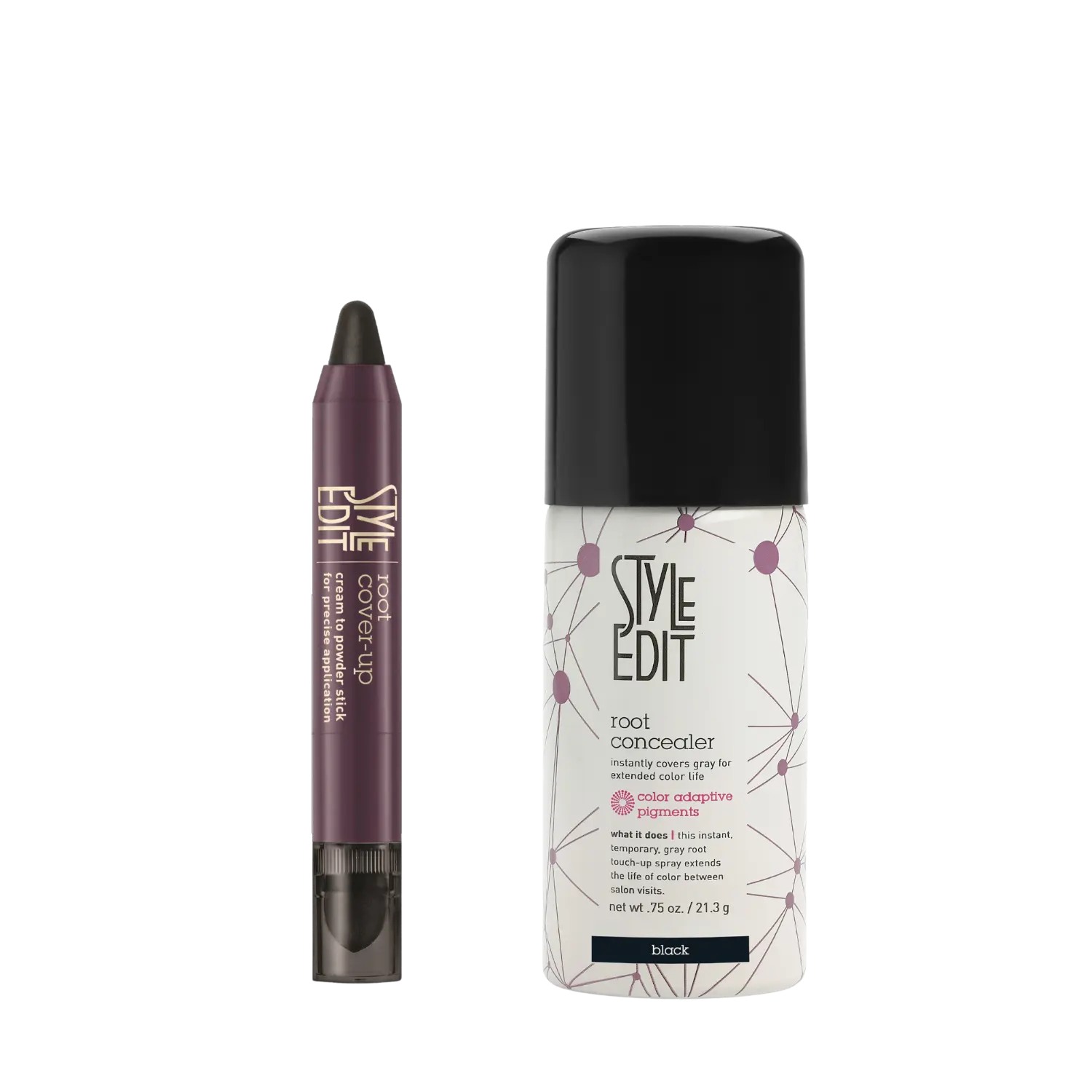Style Edit Brunette Travel Size Concealer Spray and Cover Up Stick DUO temporary haircolor  root coverup Salon Coverage Blend hairstyling powder