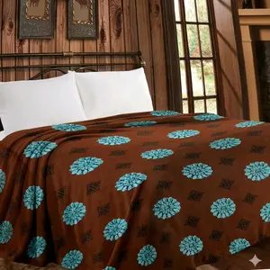 Queen Size Western Concho Plush Blanket | Brown & Turquoise Rustic Lodge Throw