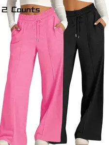 Women's Solid Color Drawstring High-Waist Wide Leg Pants, Loose-Fitting Casual Trousers with Pockets for All Seasons, Comfortable Daily Wear，Women's  Affordable Pajamas