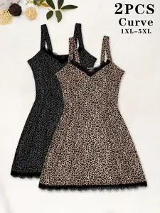 Plus size - 2 Pcs Set of Women's Leopard Print Suspender Lace Sexy Nightgown, High Elasticity Fabric, Women's Sleepwear & Nightdress for Curve Lady
