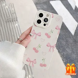 Korean Cherry Bow Design Phone Case, Protective Shockproof Full Protection for iPhone 17/16/11/12/13/14/15/16 Pro Max/plus/air, Gift for Boyfriend/girlfriend