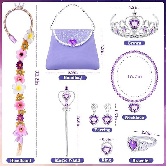 Valentines Day Gift 10pcs Rapunzel Dress-Up Set for Girls - Light-Up Princess Costume with LED Wig, Wand, Crown & Halloween Gifts for Toddlers