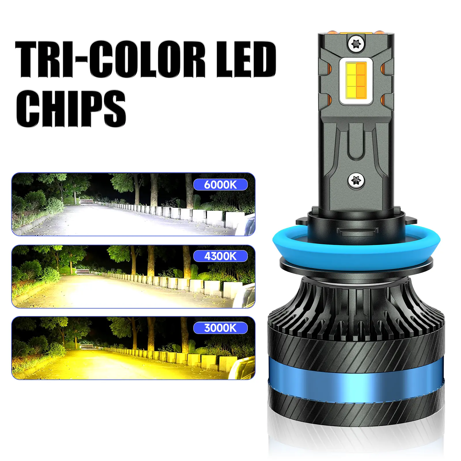 ZSTOPCL H11 9005 9006 H7 H4 Tri-Color LED Fog Light Bulbs, 6000K/4300K/3000K, 3 Modes with Strobe, High Brightness, Cooling Fan, Plug & Play