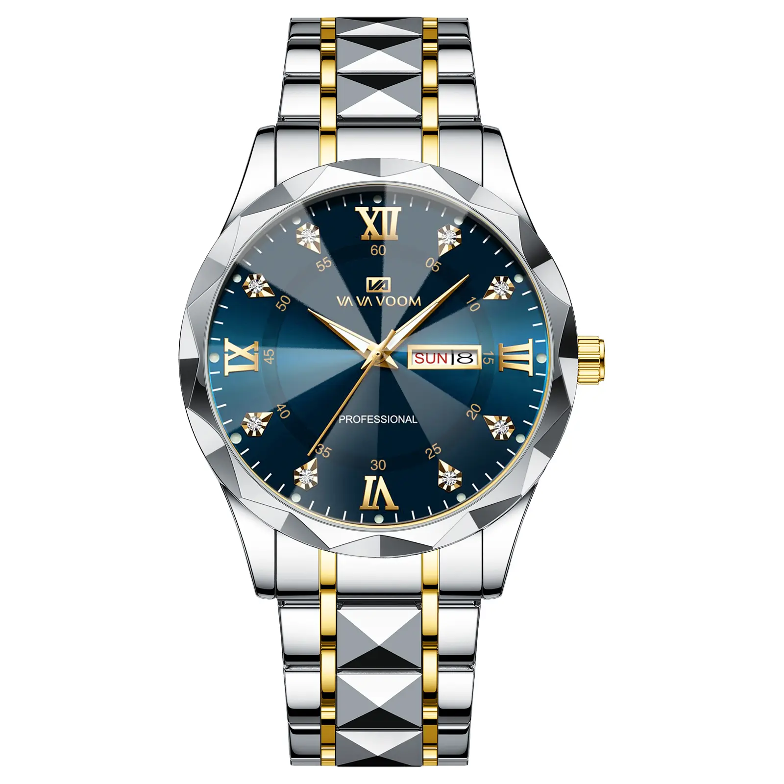 VAVA VOOM,Men Watch Water Diamond Luxury Night Glow Double Calendar Quartz Movement 41mm Blue Gold Stainless Steel Fashion Business Watch,VA2733