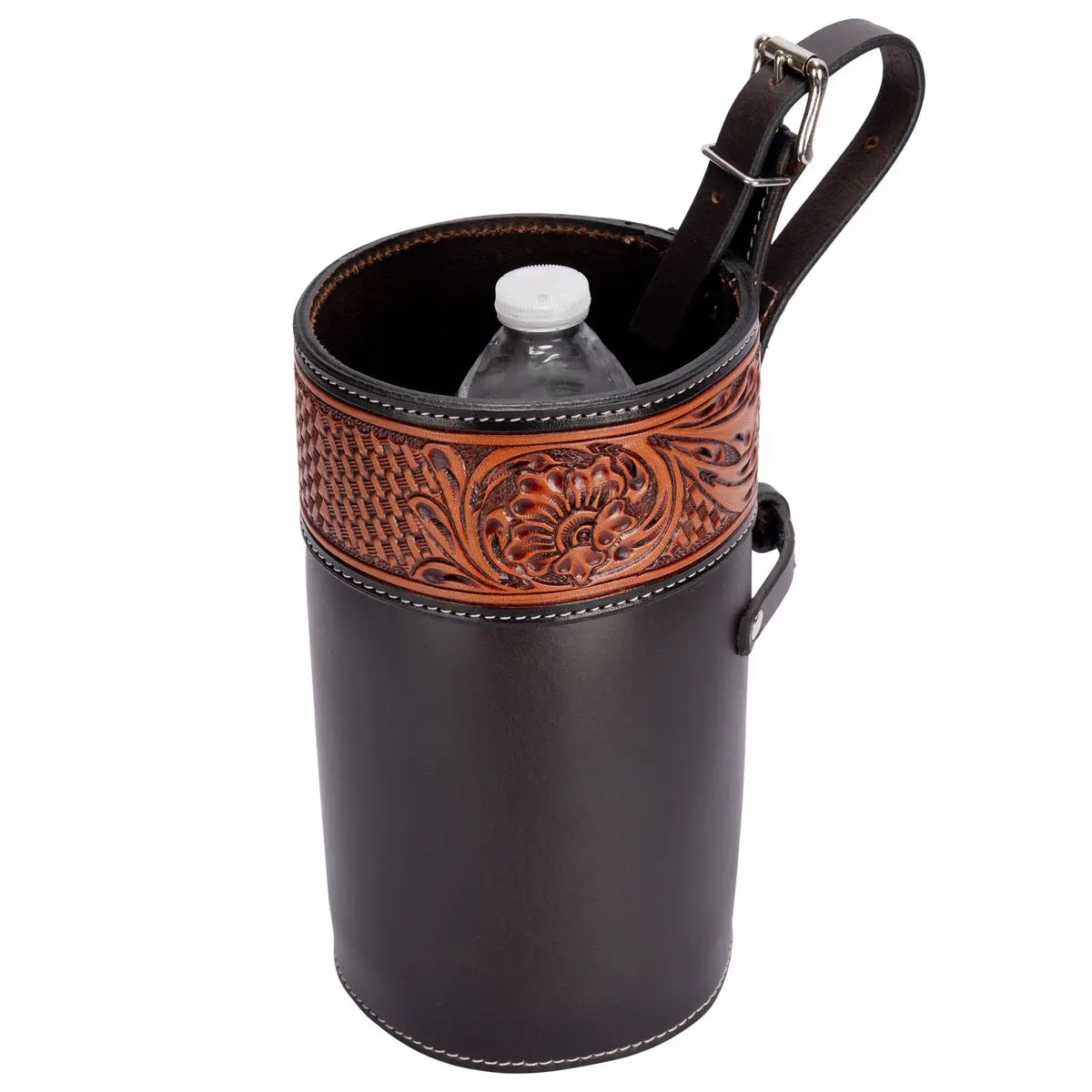 Hand-Tooled Leather Saddle Bag, Western Water Bottle Holder with Traditional Leaf Pattern, Adjustable D-Ring Strap for Insulated Bottles & Trail Riding, Adjustable Strap, Hand-Tooled Art, D-Ring Fasten, Western Look