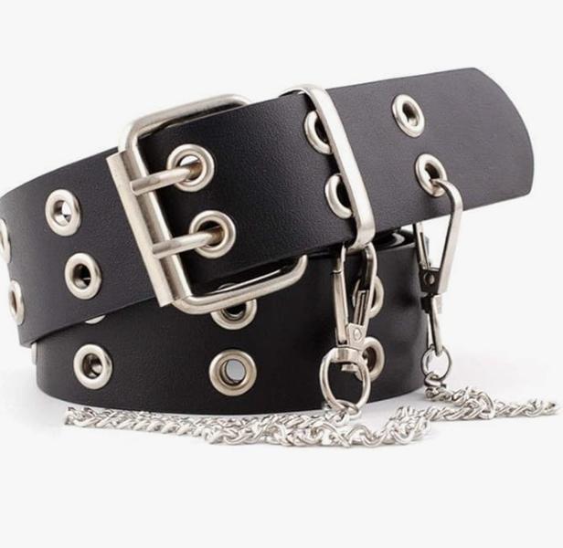 Gothic Belt with Chain, Double Grommet Buckle Leather Belt for Men and Women, Fashion Belt for Jeans and Pants, Punk Rock Y2K Style