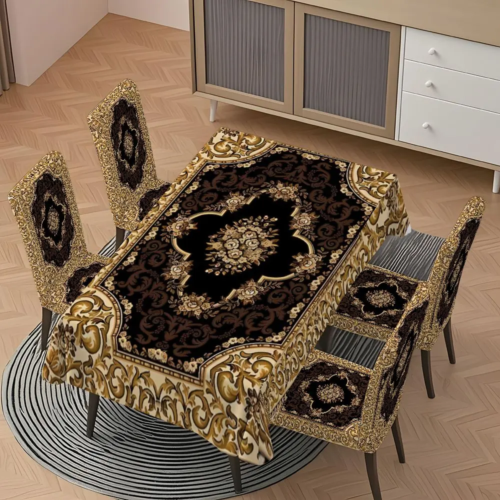5/7-piece 2D Flat Printing Black and Gold Classic Pattern Carpet Printing Pattern Tablecloth and Chair Cover Set, for dining table and chair decoration, perfect for home, holiday gatherings, restaurants, and parties, Chair Covers Set