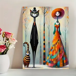 [2D Flat] Vibrant Frameless Canvas Art Print - Whimsical Cat and Lady Illustration with Autumn Trees, Unique Wall Decor |   Playful Design |   Avantgarde Artwork, Canvas Wall Art,  Perfect for Room Decor,for Living Room, Bedroom, Office, or Bar, Perfect G